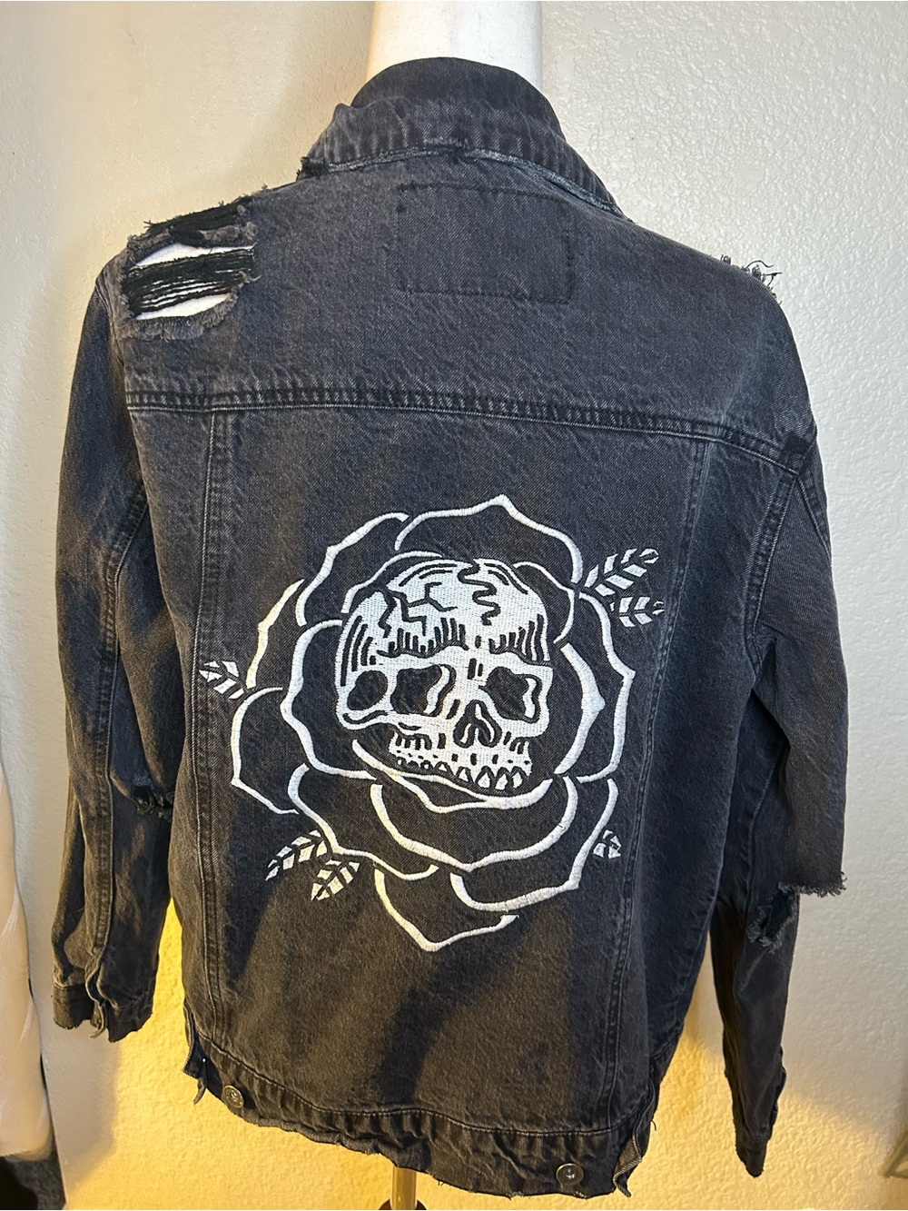 Black Distressed Oversized Denim Jacket with White Skull Rose 100% Cotton Small